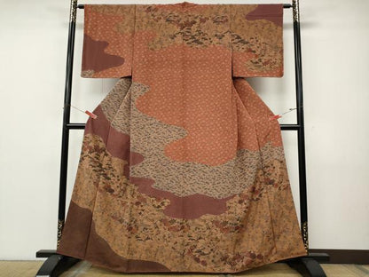 平和屋着物●人間国宝・南部芳松の息子 伝統工芸伝承者彫刻・南部幸雄　型染　訪問着　エ霞風景花文　鬼しぼ縮緬　正絹　逸品　CABJ6630ut