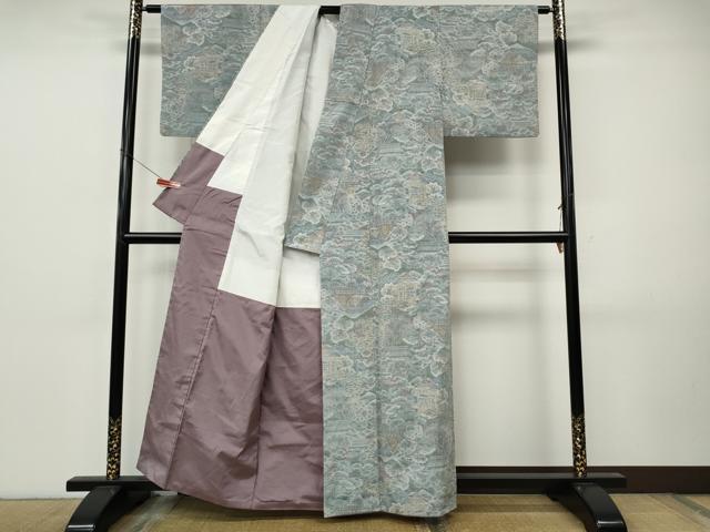 平和屋着物●小千谷紬　鉾　風景草花文　正絹　逸品　CABJ6638ut