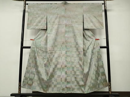 平和屋着物●訪問着　紬地　格子柄　正絹　逸品　CABJ6641ut