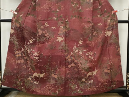 平和屋着物●訪問着　紬地　鶴流水草花文　正絹　逸品　CABJ6648ut
