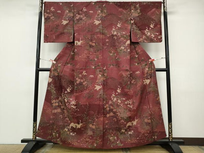 平和屋着物●訪問着　紬地　鶴流水草花文　正絹　逸品　CABJ6648ut