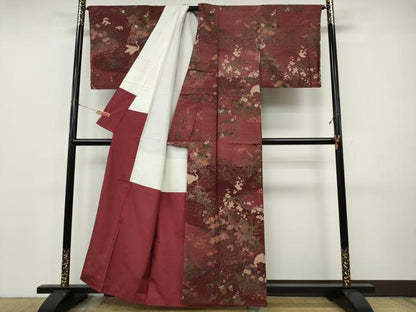 平和屋着物●訪問着　紬地　鶴流水草花文　正絹　逸品　CABJ6648ut