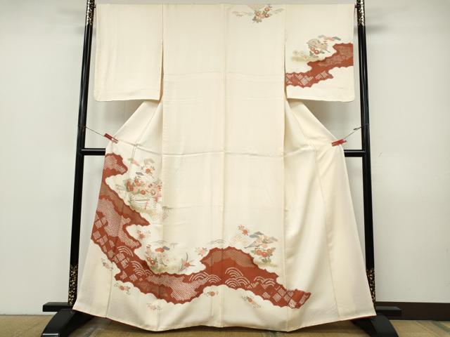 平和屋着物●訪問着　絞り　雲取り扇面草花文　金銀彩　正絹　逸品　CABJ6649ut