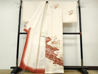 平和屋着物●訪問着　絞り　雲取り扇面草花文　金銀彩　正絹　逸品　CABJ6649ut
