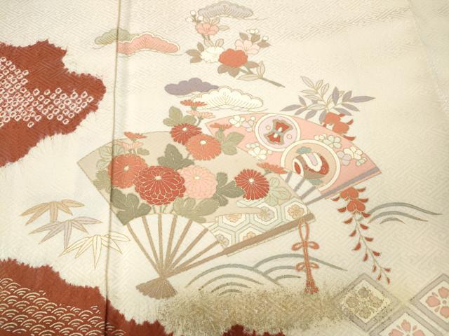 平和屋着物●訪問着　絞り　雲取り扇面草花文　金銀彩　正絹　逸品　CABJ6649ut