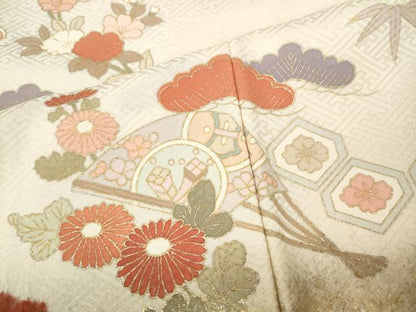 平和屋着物●訪問着　絞り　雲取り扇面草花文　金銀彩　正絹　逸品　CABJ6649ut