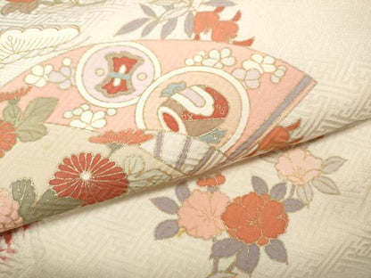 平和屋着物●訪問着　絞り　雲取り扇面草花文　金銀彩　正絹　逸品　CABJ6649ut