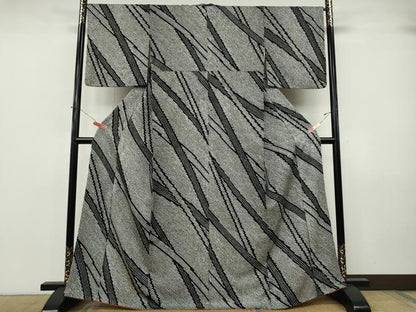 平和屋着物●上質な小紋　総絞り　斜線吉祥文　黒地　正絹　逸品　CABJ6658ut