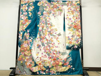 平和屋着物●豪華振袖　駒刺繍　地紙貝桶花文　暈し染め　銀通し地　正絹　逸品　CABJ6667ut