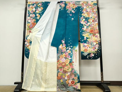 平和屋着物●豪華振袖　駒刺繍　地紙貝桶花文　暈し染め　銀通し地　正絹　逸品　CABJ6667ut