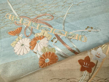 平和屋着物●訪問着　紬地　刺繍　横笛花文　金彩　正絹　逸品　CABJ6683ut