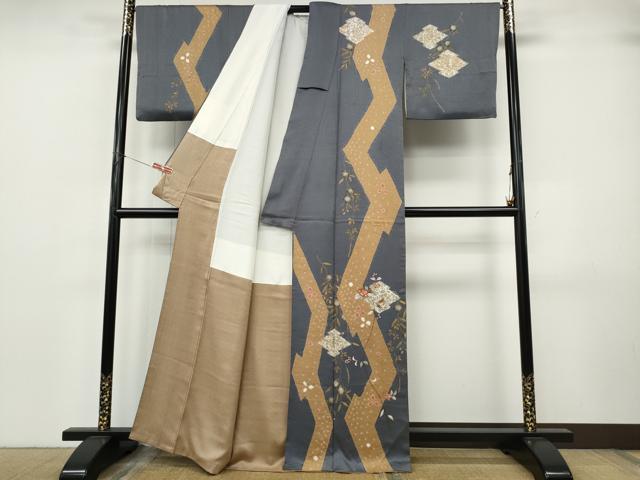 平和屋着物●訪問着　絞り　刺繍　松皮菱枝花文　金彩　正絹　逸品　CABJ6706ut