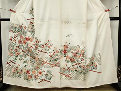 平和屋着物●訪問着　刺繍　竹垣草花文　金彩　正絹　逸品　CABJ6715ut
