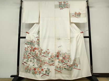 平和屋着物●訪問着　刺繍　竹垣草花文　金彩　正絹　逸品　CABJ6715ut
