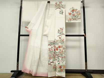 平和屋着物●訪問着　刺繍　竹垣草花文　金彩　正絹　逸品　CABJ6715ut