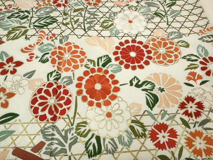 平和屋着物●訪問着　刺繍　竹垣草花文　金彩　正絹　逸品　CABJ6715ut