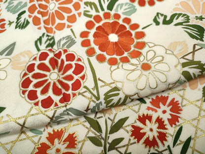 平和屋着物●訪問着　刺繍　竹垣草花文　金彩　正絹　逸品　CABJ6715ut