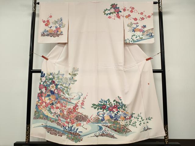 平和屋着物●訪問着　友禅　作家物　流水草花文　正絹　逸品　CABJ6735ut