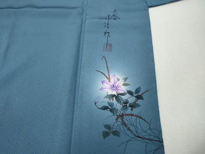 平和屋着物●二代目清次郎　手描き　色無地　薄花色　反端付き　正絹　逸品　CABJ6751ut