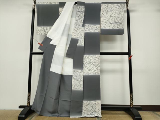 平和屋着物●上質な小紋　型染め　格子草花文　正絹　逸品　CABJ6765ut