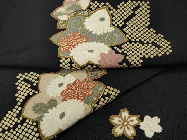 平和屋着物●上質な小紋　舞花文　黒地　やまと誂製　正絹　逸品　CABJ6770ut