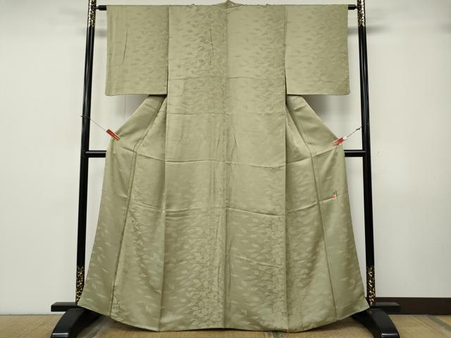 平和屋着物●染師　故・山代谷隆　色無地　舞葉地紋　利休色　正絹　逸品　CABJ6772ut