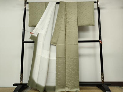 平和屋着物●染師　故・山代谷隆　色無地　舞葉地紋　利休色　正絹　逸品　CABJ6772ut