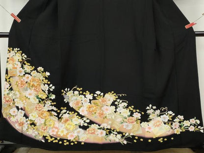 平和屋着物●豪華黒留袖　駒刺繍　破れ色紙舞花文　暈し染め　正絹　逸品　CABJ6778ut
