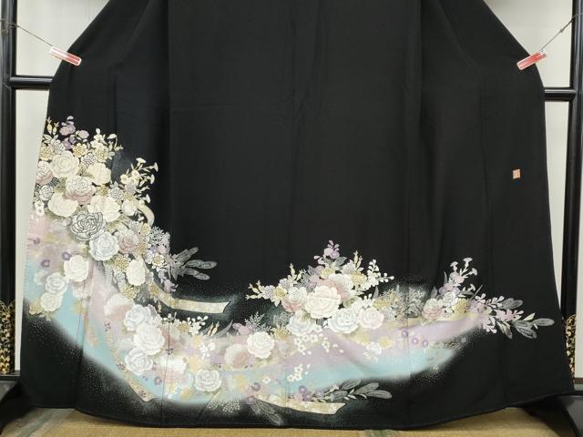 平和屋着物●ブライダルファッションデザイナー・桂由美　黒留袖　刺繍　熨斗花文　暈し染め　金銀彩　正絹　逸品　CABJ6781ut