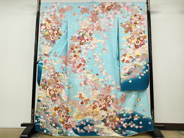 平和屋着物●豪華振袖　駒刺繍　貝桶草花文　暈し染め　金銀彩　正絹　逸品　CABJ6792ut