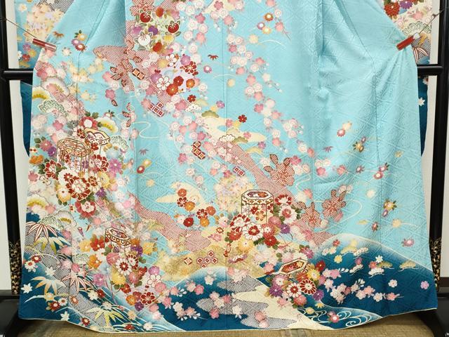平和屋着物●豪華振袖　駒刺繍　貝桶草花文　暈し染め　金銀彩　正絹　逸品　CABJ6792ut