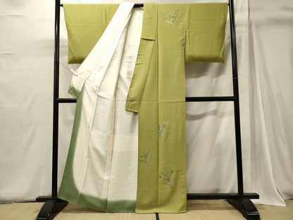 平和屋着物■訪問着　駒刺繍　草葉文　銀糸　正絹　逸品　CABJ6861oy