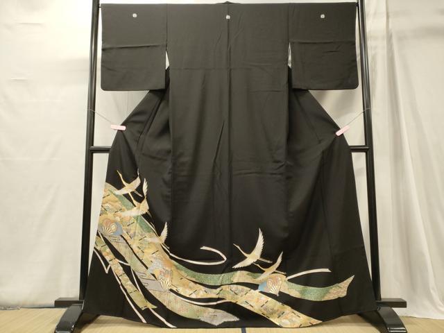 平和屋着物■豪華黒留袖　吉祥飛鶴扇面花文　金彩　正絹　逸品　CABJ6863oy