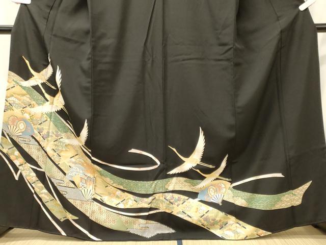 平和屋着物■豪華黒留袖　吉祥飛鶴扇面花文　金彩　正絹　逸品　CABJ6863oy