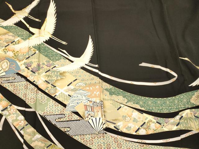 平和屋着物■豪華黒留袖　吉祥飛鶴扇面花文　金彩　正絹　逸品　CABJ6863oy
