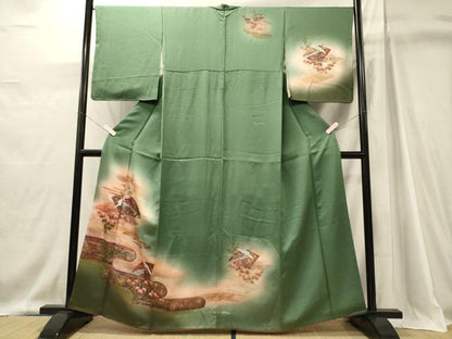 平和屋着物■訪問着　扇面飛鶴花松文　暈し染め　金銀彩　正絹　逸品　CABJ6888oy