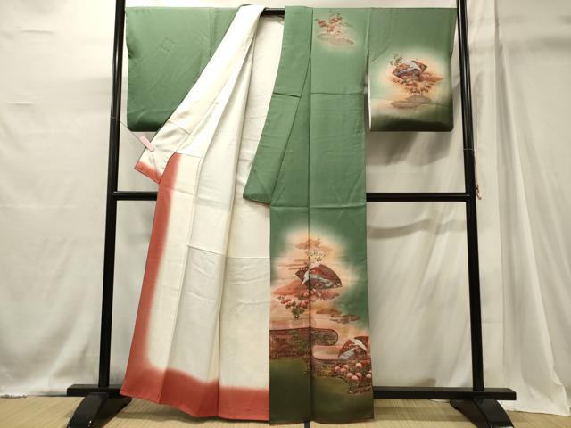 平和屋着物■訪問着　扇面飛鶴花松文　暈し染め　金銀彩　正絹　逸品　CABJ6888oy