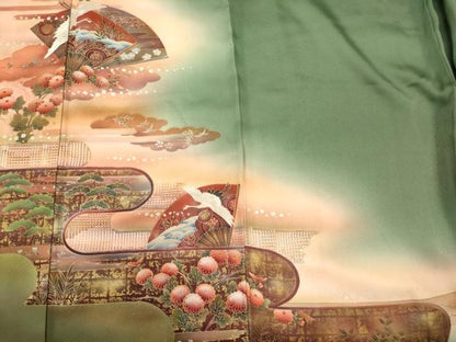 平和屋着物■訪問着　扇面飛鶴花松文　暈し染め　金銀彩　正絹　逸品　CABJ6888oy