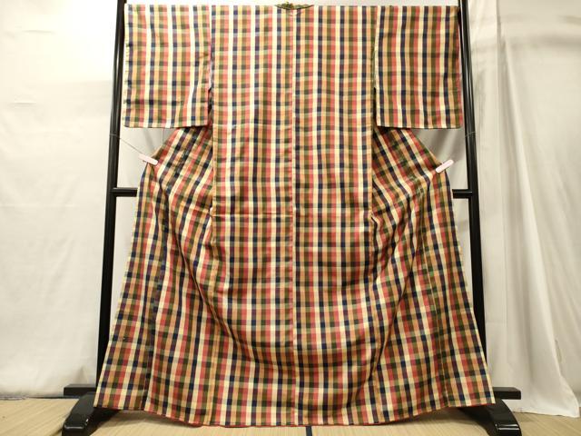 平和屋着物■上質な紬　格子柄　正絹　逸品　未使用　CABJ6898oy