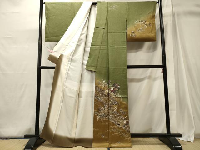 平和屋着物■訪問着　流水飛鶴草花文　暈し染め　金銀彩　正絹　逸品　CABJ6960oy