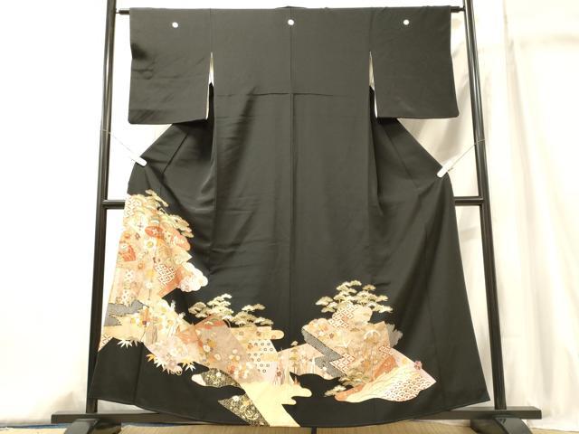平和屋着物■豪華黒留袖　駒刺繍　吉祥花松文　金彩　正絹　逸品　CABJ6978oy