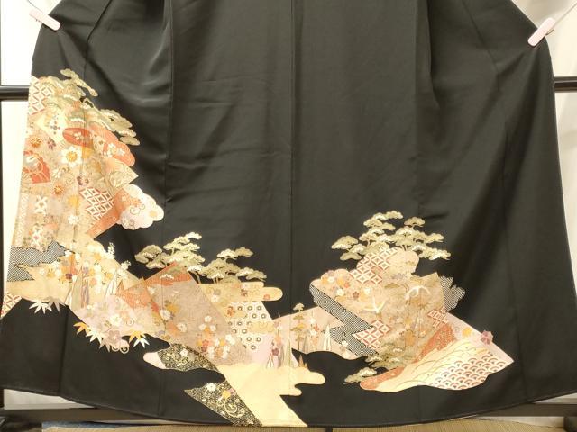 平和屋着物■豪華黒留袖　駒刺繍　吉祥花松文　金彩　正絹　逸品　CABJ6978oy