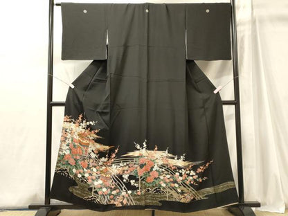 平和屋着物■豪華黒留袖　駒刺繍　渡り橋流水花文　鉾　銀彩　正絹　逸品　CABJ6980oy