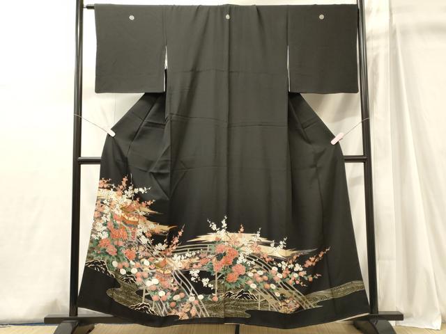 平和屋着物■豪華黒留袖　駒刺繍　渡り橋流水花文　鉾　銀彩　正絹　逸品　CABJ6980oy