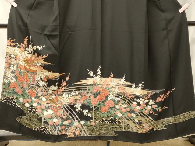 平和屋着物■豪華黒留袖　駒刺繍　渡り橋流水花文　鉾　銀彩　正絹　逸品　CABJ6980oy