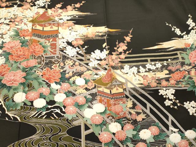平和屋着物■豪華黒留袖　駒刺繍　渡り橋流水花文　鉾　銀彩　正絹　逸品　CABJ6980oy