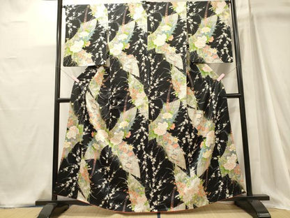平和屋着物■上質な小紋　地紙草花文　黒地　金彩　やまと誂製　正絹　逸品　CABJ6994oy