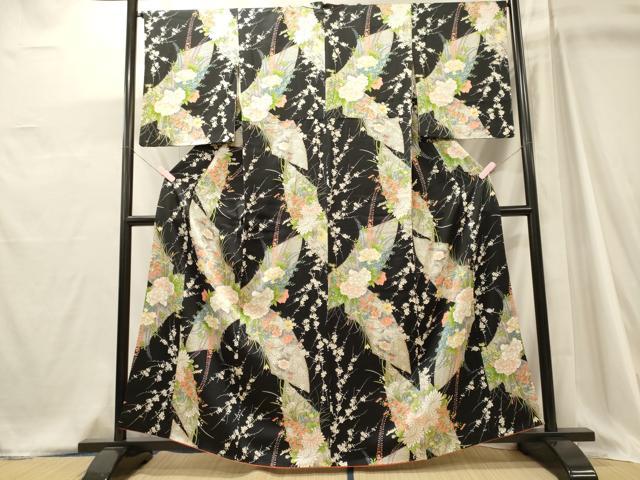 平和屋着物■上質な小紋　地紙草花文　黒地　金彩　やまと誂製　正絹　逸品　CABJ6994oy