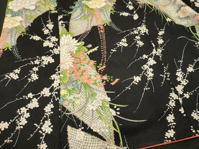 平和屋着物■上質な小紋　地紙草花文　黒地　金彩　やまと誂製　正絹　逸品　CABJ6994oy
