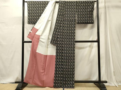 平和屋着物■上質な小紋　枝葉文　黒地　正絹　逸品　CABJ7000oy